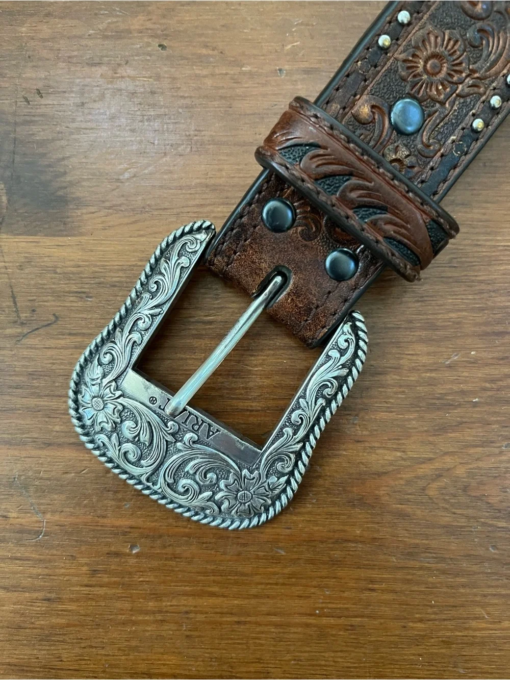 Ariat Brown Tooled Leather Belt with Silver Studs and Decorative Buckle